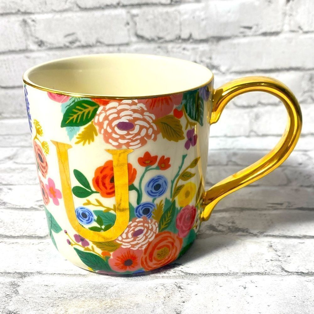 Anthropologie Rifle‎ Paper Co Coffee Tea Cup Mug Floral + Gold Trim Monogram “U”